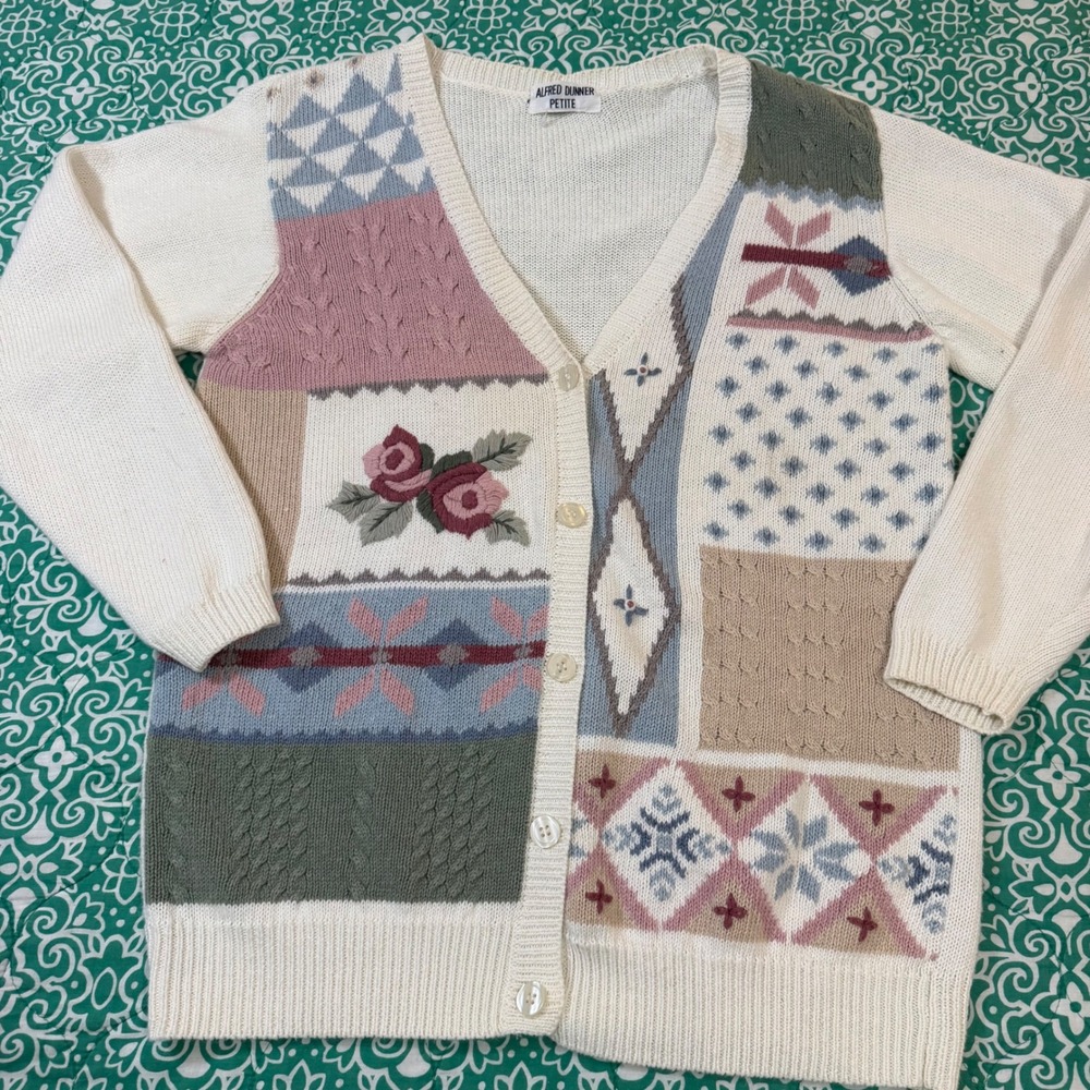 Alfred Dunner Petite Patchwork Floral Knit Cardigan Sweater Cream PS Cottagecore